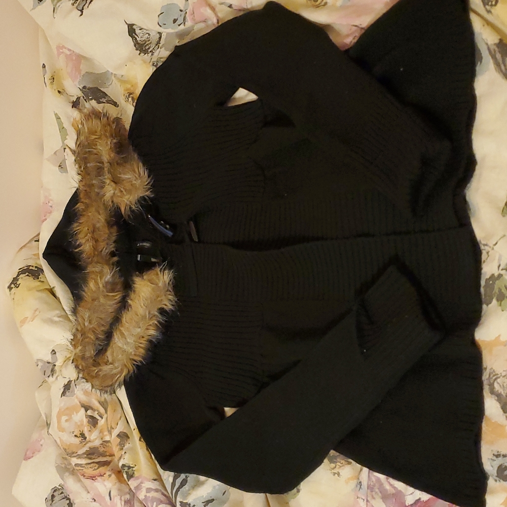 Black toggle clasp cardigan with faux fur hood